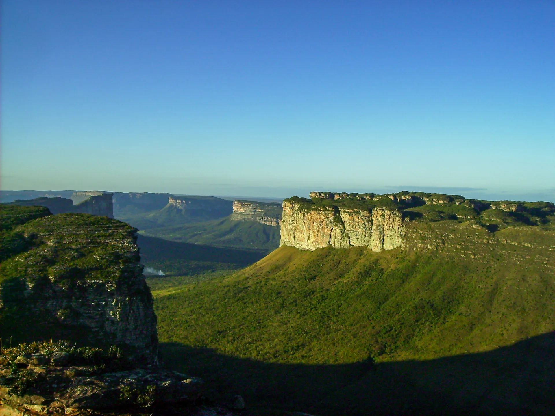 Paredões e chapadas cobertos de vegetação vistos do alto do Morro do Pai Inácio, na Chapada Diamantina
